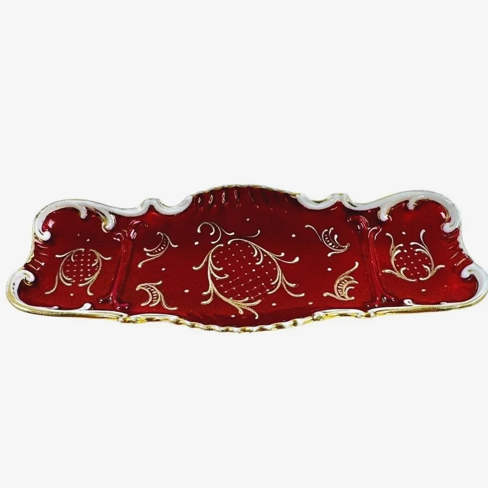 Vintage Ruby Red Porcelain Vanity Tray Gold Gilt Scalloped Divided Trinket Dish